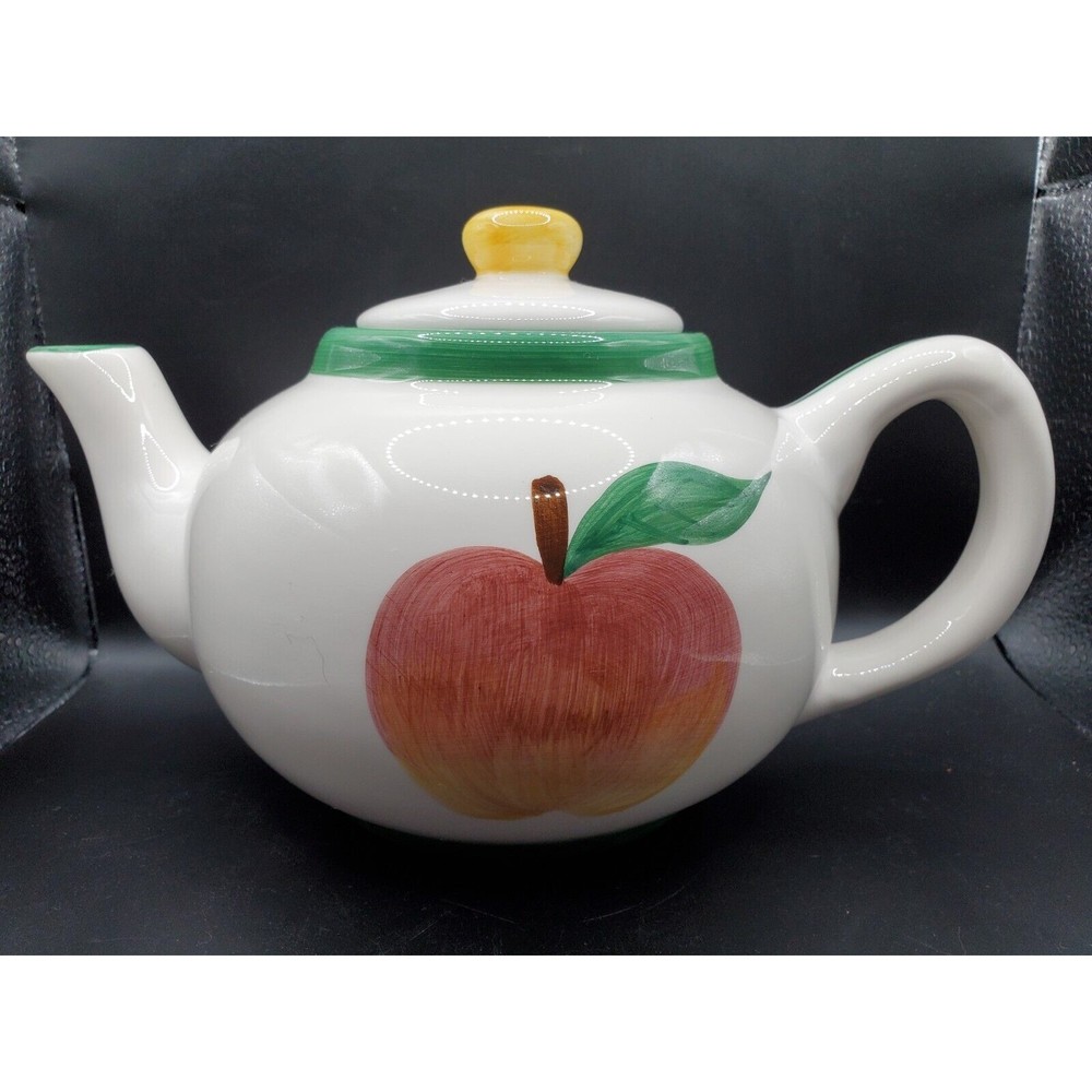 Vintage Ceramic White Teapot W/ Green Trim & Red Apple By ASIA MASTER GROUP 1950
